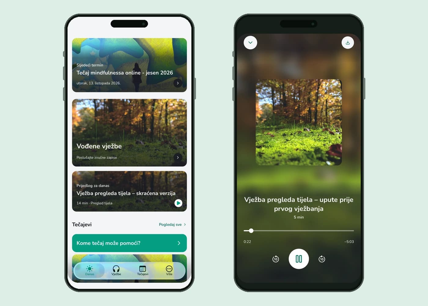 Mindfulness iPhone app showing daily practice and the audio player