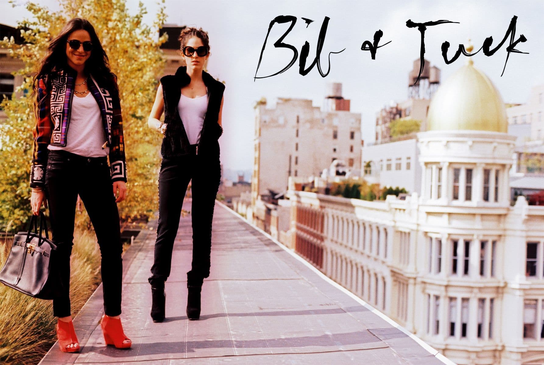 Bib + Tuck branding over a rooftop fashion photograph