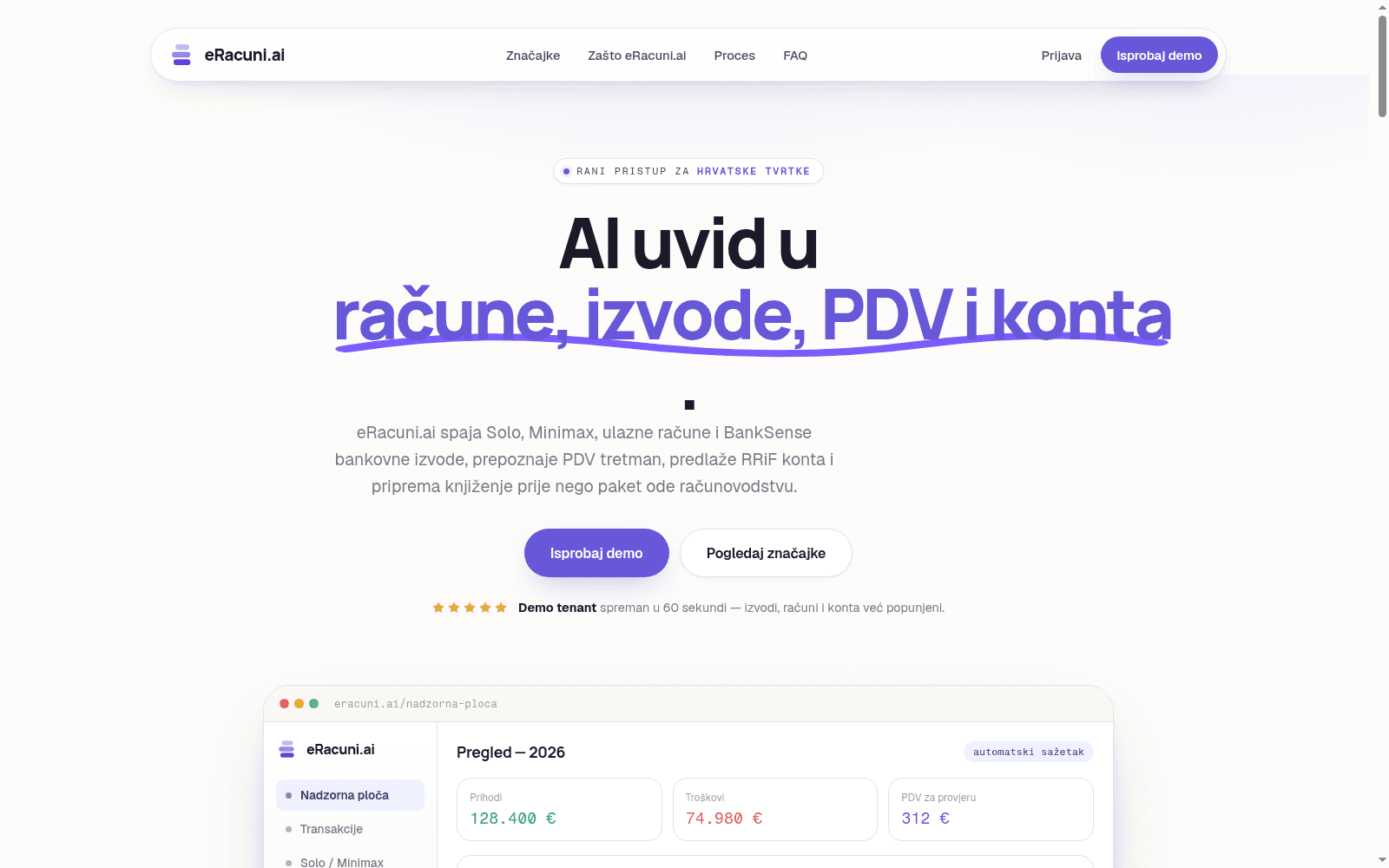 eRacuni.ai homepage with invoice accounting features