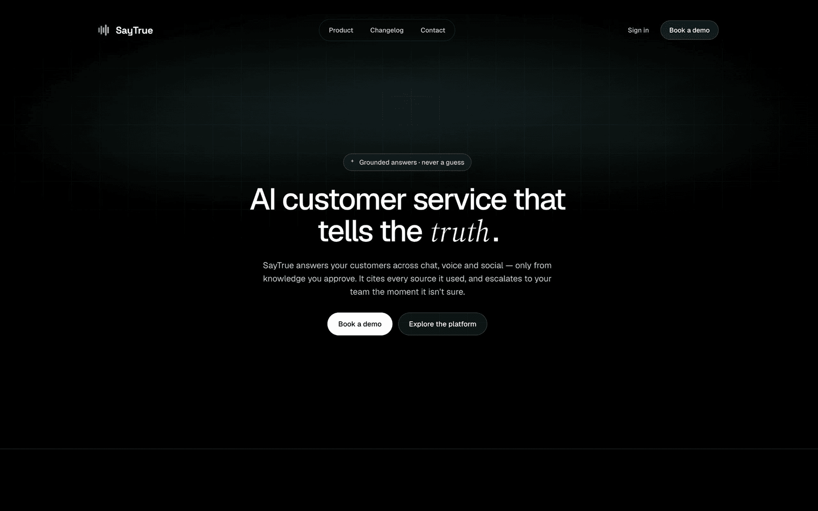 SayTrue homepage introducing AI customer support