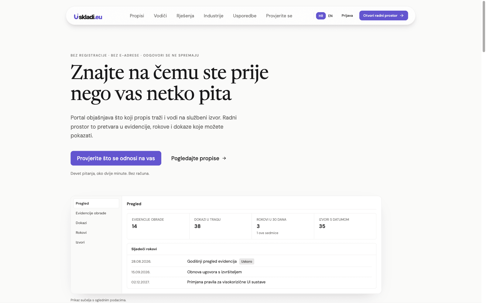 Uskladi.eu homepage with its new purple branding and compliance records dashboard