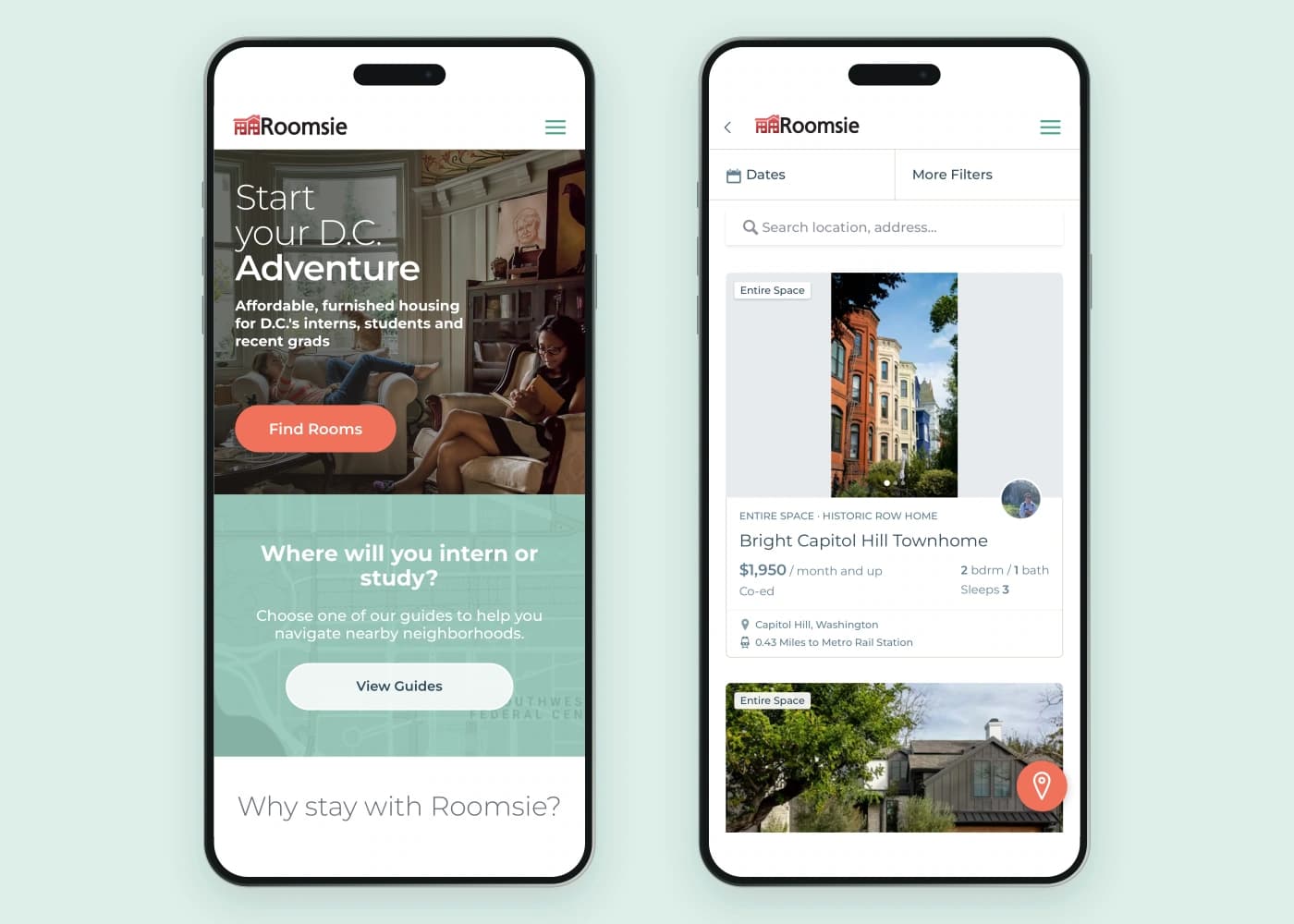 Roomsie iPhone app showing furnished housing and search results
